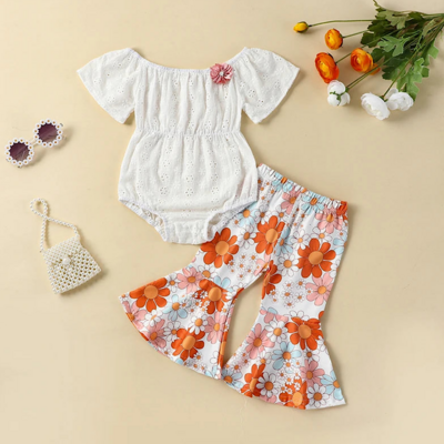 Baby girls short ruffle sleeve white romper and floral print flared bell bottom pants set free shipping