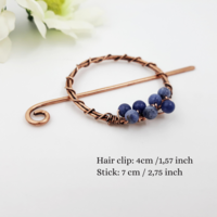small hair clip for fine hair, small circular copper wire barrette with sodalite beads - Thumbnail 1