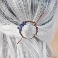 small hair clip for fine hair, small circular copper wire barrette with sodalite beads - Thumbnail 2