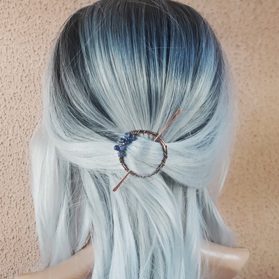 Small hair clip for fine hair, small circular copper wire barrette with sodalite beads