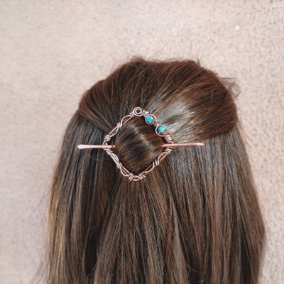Geometric barrette for women, copper wire barrette with blue sediment, square viking barrette for fine hair
