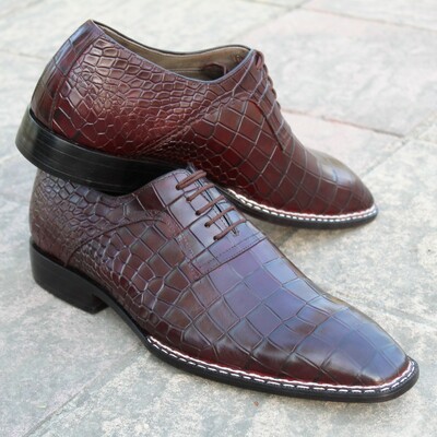 Crafted leather classic dark brown crocodile texture leather norwegian welted alligator oxford dress shoes - Thumbnail 4