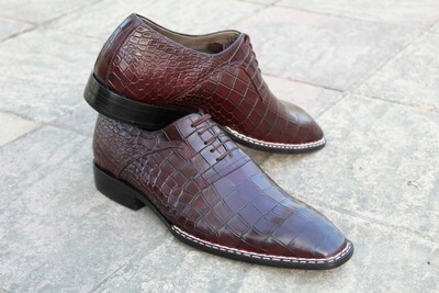 Crafted Leather Classic Dark Brown Crocodile Texture Leather Norwegian Welted Alligator Oxford Dress Shoes