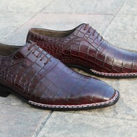 Crafted Leather Classic Dark Brown Crocodile Texture Leather Norwegian Welted Alligator Oxford Dress Shoes - Thumbnail 1
