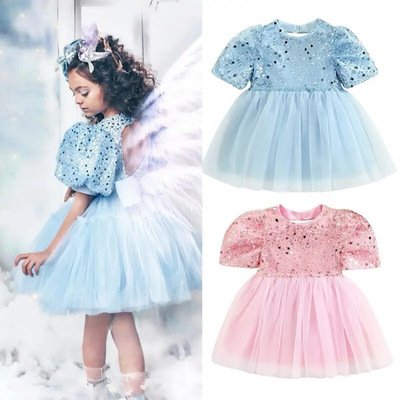 Baby toddler girls sequined short sleeve pink or blue tutu fancy princess dress free shipping