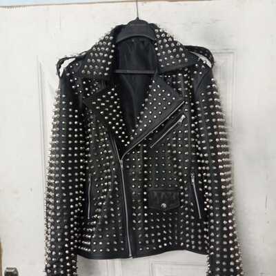 Crafted leather men silver studded punk rock gothic black leather jacket  - Thumbnail 3