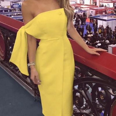 Sexy irregular solid tie sleeve button yellow prom dress 