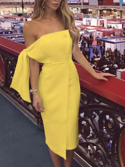 Sexy Irregular Solid Tie Sleeve Button Yellow Prom dress 