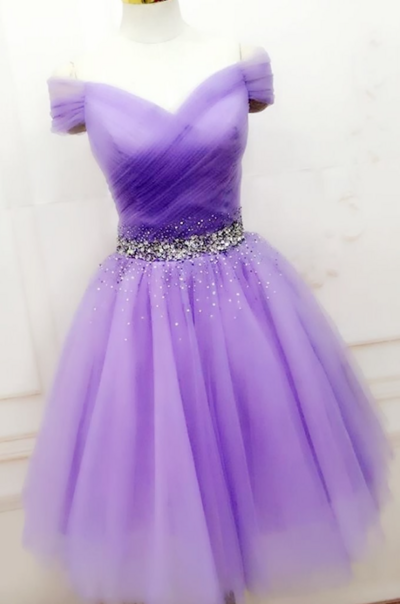 Elegant Off Shoulder Purple Beaded Short Homecoming Dresses