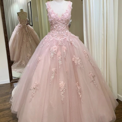Vintage pink tulle a line prom dress with lace - Thumbnail 4