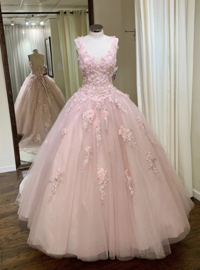 Vintage Pink Tulle A Line Prom Dress with Lace