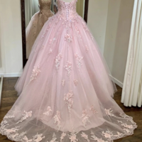 Vintage Pink Tulle A Line Prom Dress with Lace - Thumbnail 1