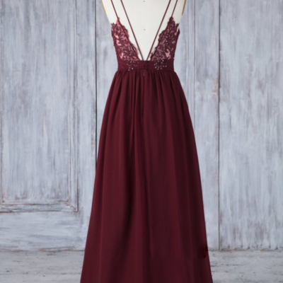 Elegant a line burgundy chiffon prom dress with lace