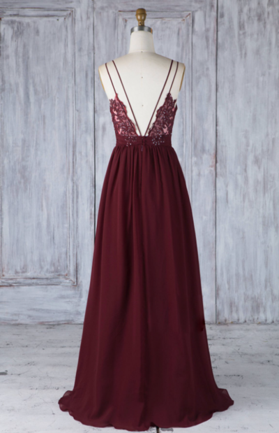 Elegant A Line Burgundy Chiffon Prom Dress with Lace
