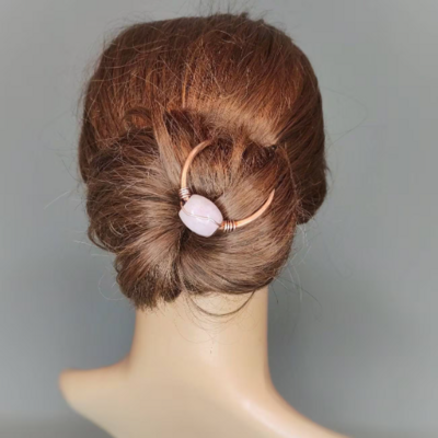 Wire wrap hair stick with natural stone rose quartz, copper hair fork for thin or long hair