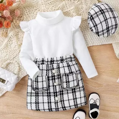 Toddler girl skirt set white ribbed cotton top plaid skirt and matching hat dress set free shipping