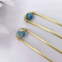 2 U hair sticks with blue sediment stone. 2 pcs set hair chopstick for women, - Thumbnail 3