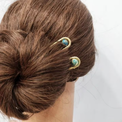 2 U hair sticks with blue sediment stone. 2 pcs set hair chopstick for women,