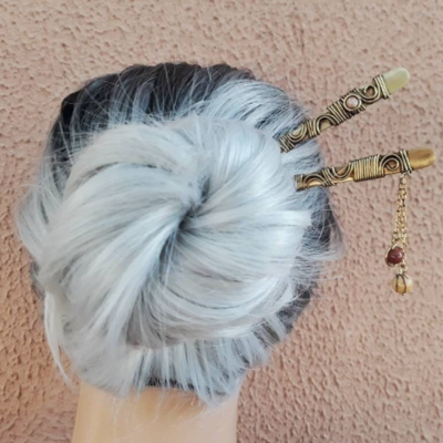 Golden hair sticks with mookaite jasper set, brass wire hair fork, set of 2 metal hair slide