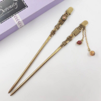 Golden hair sticks with mookaite jasper set, brass wire hair fork, set of 2 metal hair slide - Thumbnail 1