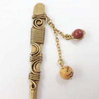 Golden hair sticks with mookaite jasper set, brass wire hair fork, set of 2 metal hair slide - Thumbnail 2