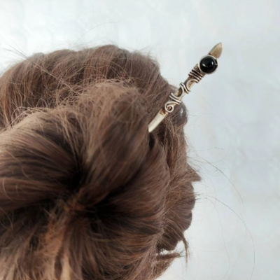  silver plated hair stick with filigree and black onix bead