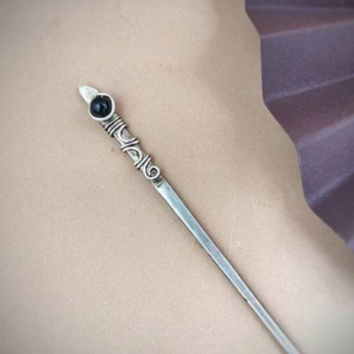  silver plated hair stick with filigree and black onix bead