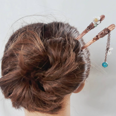 2 hair sticks for bun with yellow jade, korean fashion flower kanzashi for bun