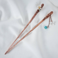 2 Hair Sticks For Bun With Yellow Jade, Korean Fashion Flower Kanzashi For Bun - Thumbnail 2