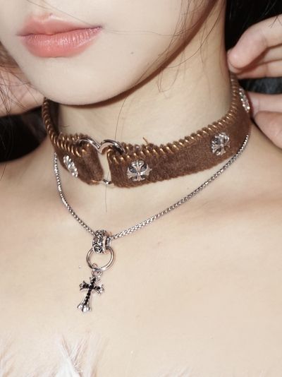 Punk Plush Cross Pendant Double Layer Stacking Maillard Choker Necklace