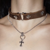 Punk Plush Cross Pendant Double Layer Stacking Maillard Choker Necklace - Thumbnail 1