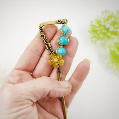 Egyptian style hair stick with filigree and blue amazonite beads