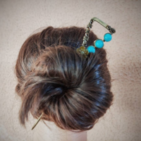 Egyptian style hair stick with filigree and blue amazonite beads - Thumbnail 4