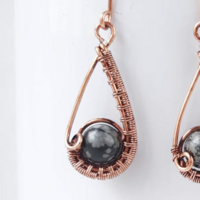 Snowflake obsdian teardrop earrings, wire wrapped earring  - Thumbnail 2