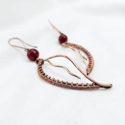 Bohemian leaf earrings with red carnelian, botanical woven wire earrings