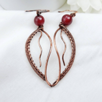 Bohemian leaf earrings with red carnelian, Botanical woven wire earrings - Thumbnail 3