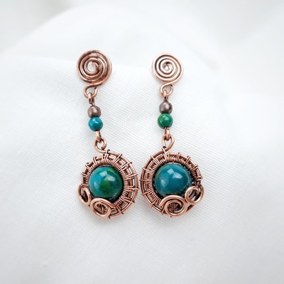 Aged dangle earrings with chrysocolla beads, handmade art deco earrings gift for mom