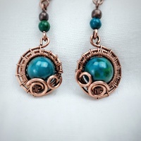 Aged dangle earrings with chrysocolla beads, handmade Art Deco earrings gift for mom - Thumbnail 2