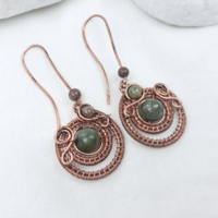 Aztec earrings with indiana agate, copper wire wrap dainty earrings - Thumbnail 4
