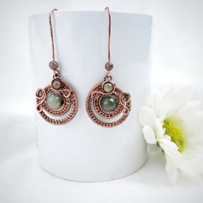 Aztec earrings with indiana agate, copper wire wrap dainty earrings
