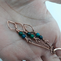 Leaf dangle earrings with chrysocolla beads, copper wire wrap dainty earrings - Thumbnail 1