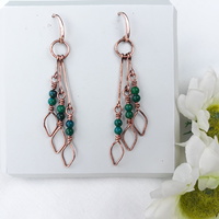 Leaf dangle earrings with chrysocolla beads, copper wire wrap dainty earrings - Thumbnail 4