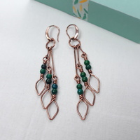 Leaf dangle earrings with chrysocolla beads, copper wire wrap dainty earrings - Thumbnail 3