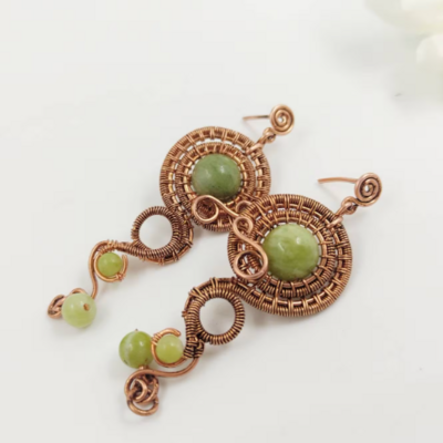 Ancient greek long earrings with green chinese jade beads