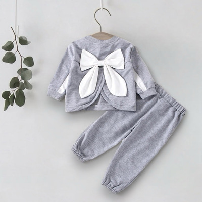 Toddler girls outfit gray and white big bow split long sleeve top and joggers set free shipping