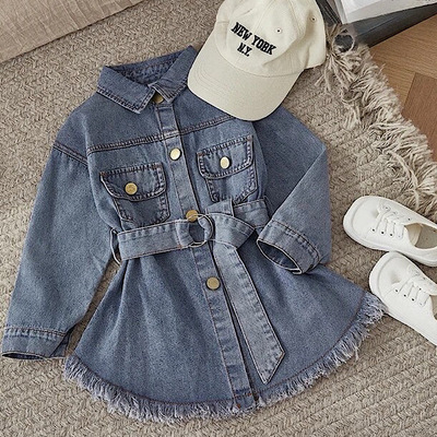 Toddler girls denim dress blue long sleeve belted casual jean dress free shipping