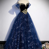 Blue Velvet Tulle Long A-Line Prom Dress  - Thumbnail 2