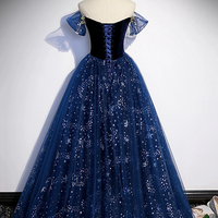 Blue Velvet Tulle Long A-Line Prom Dress  - Thumbnail 3