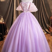 Purple Tulle Sequins Floor Length Prom Dress - Thumbnail 4