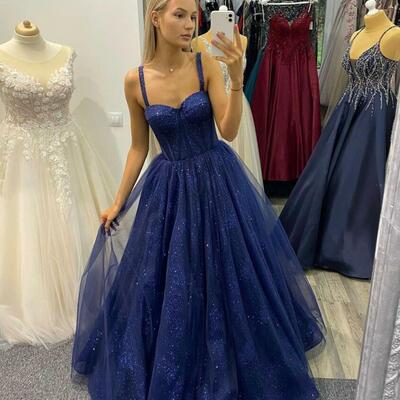 A line straps blue tulle long prom dresses